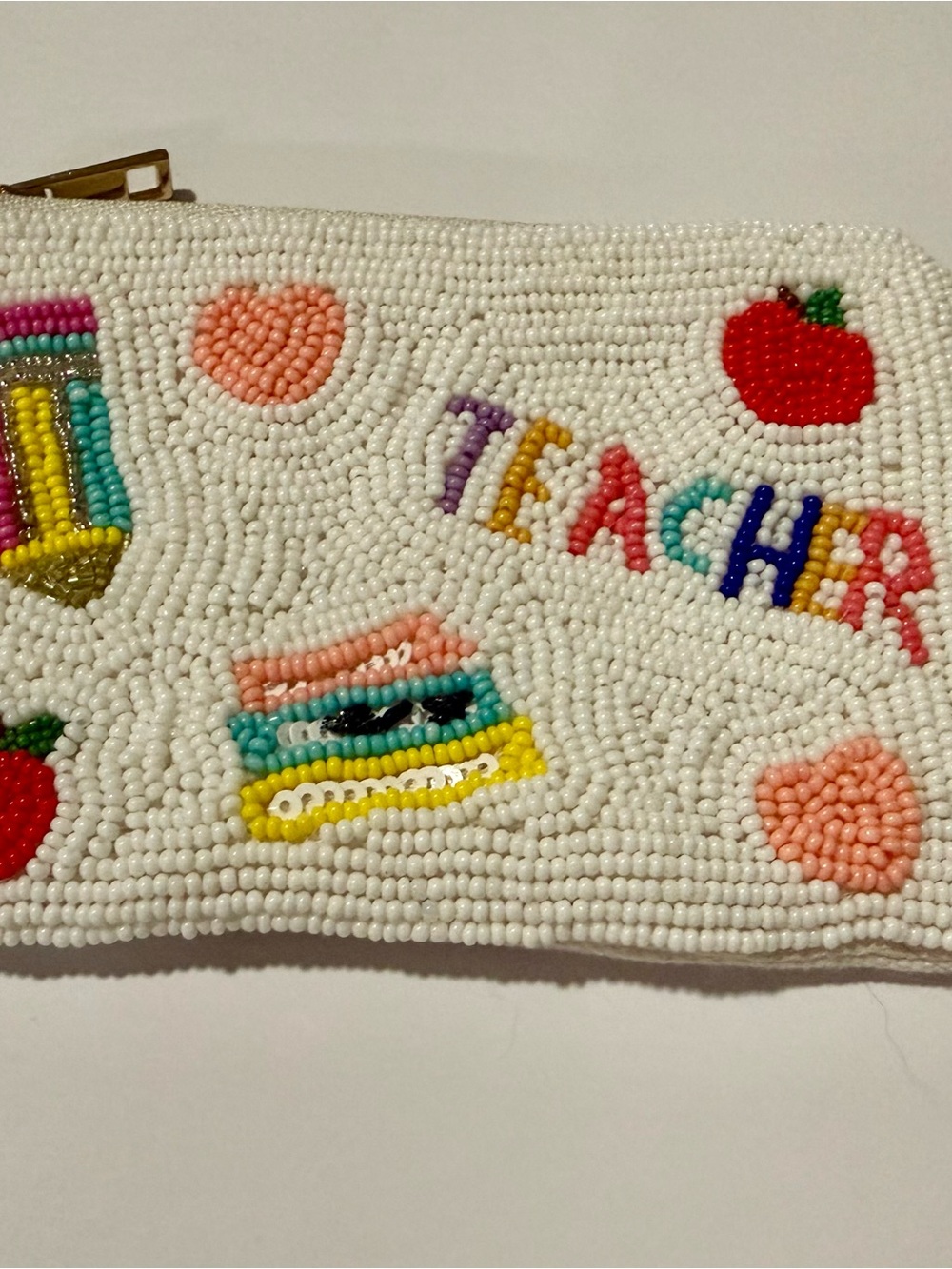 Beaded White 'Teacher' Zipper Pouch with Colorful Accents